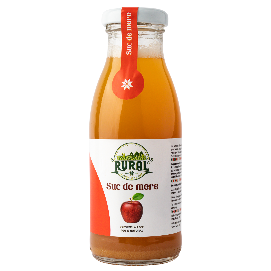 Suc de mere 100% natural, Fără Zahăr, Conservanți, Vegan, Fără Lactoză și Gluten, Presat la Rece 250ml